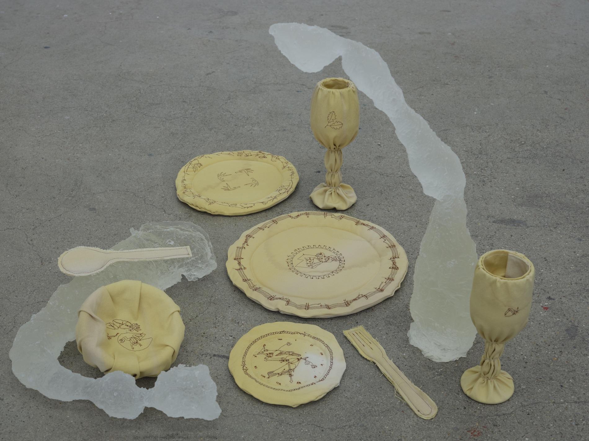 Dinnerware with sculptures Soft-Sculpture Series, 2022, archival family textiles, embroidery. Meghan Murphy
