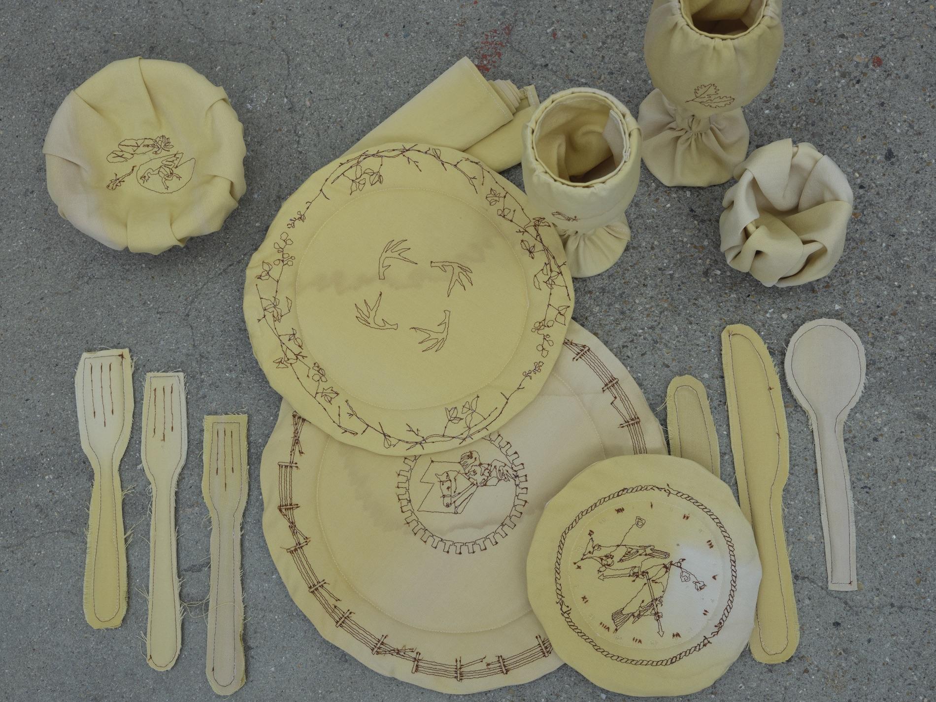 Full Dinnerware Soft-Sculpture Series, 2022, archival family textiles, embroidery. Meghan Murphy